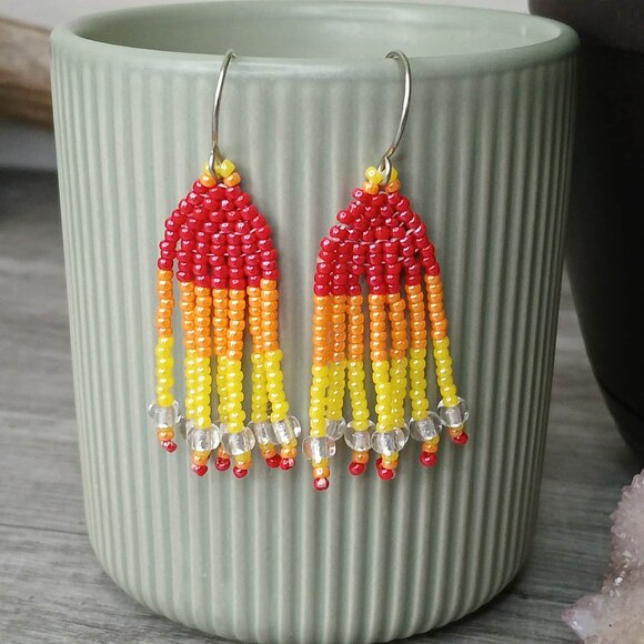 BOGO EARRINGS -Red Orange & Yellow Boho Beaded Fringe Dangle Earrings, 2" - Picture 2 of 6